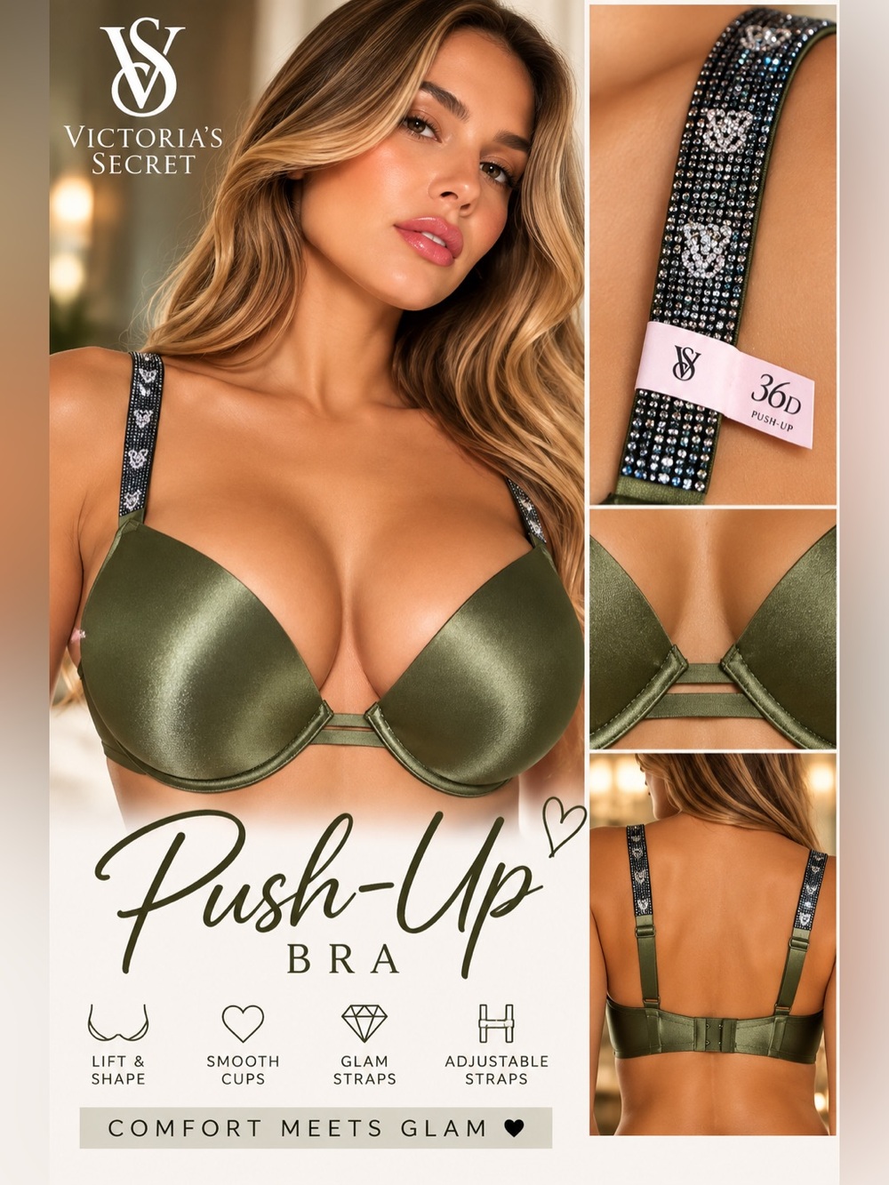 Victoria's Secret Olive Green Satin Push-Up Bra  Sz 36D NWT